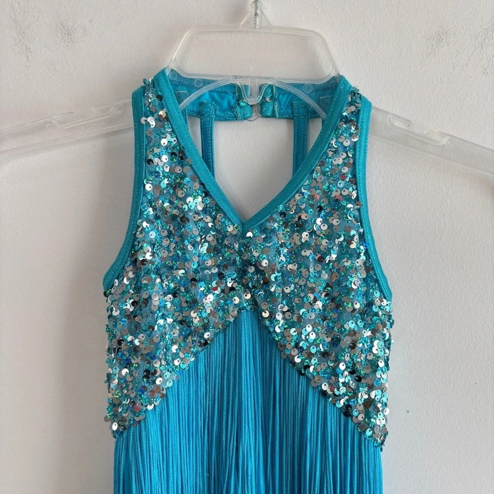 Weissman Showtime Dance Costume 10425 Size SC Blue Fringe Sequins Skating Tap